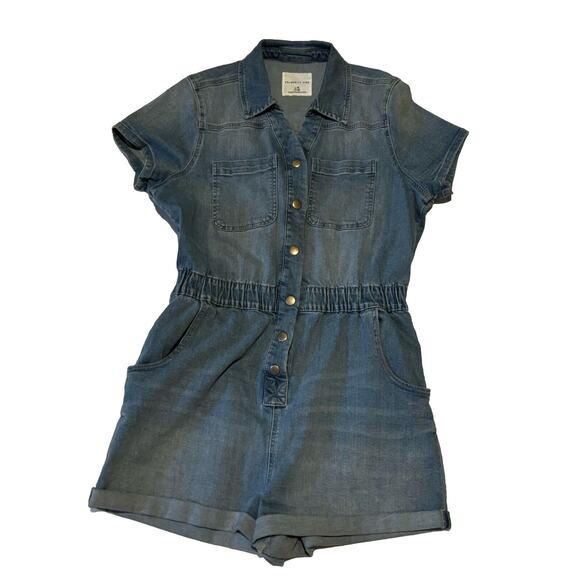 Celebrity Pink Blue Denim Romper with Elastic Waist - Picture 1 of 5